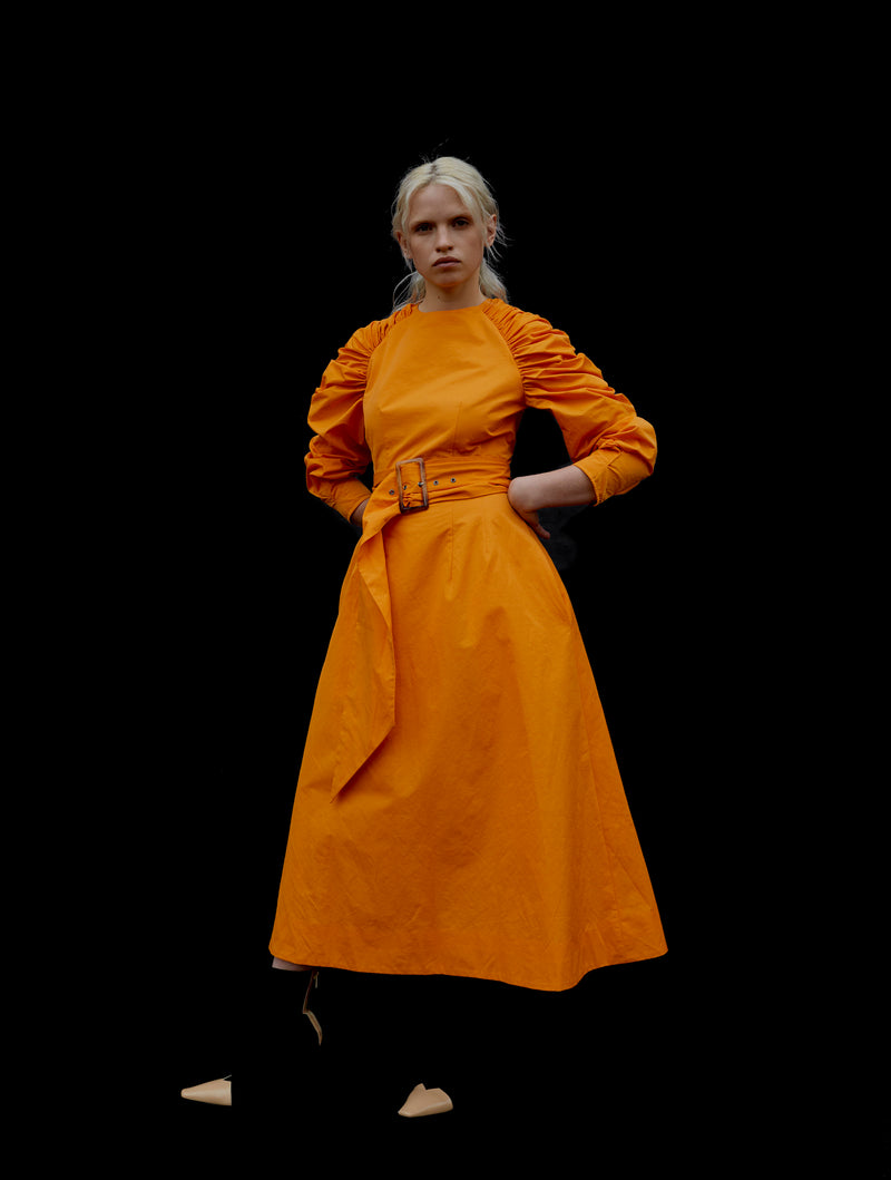 BELTED RUCHED SHOULDER DRESS (Flame orange)