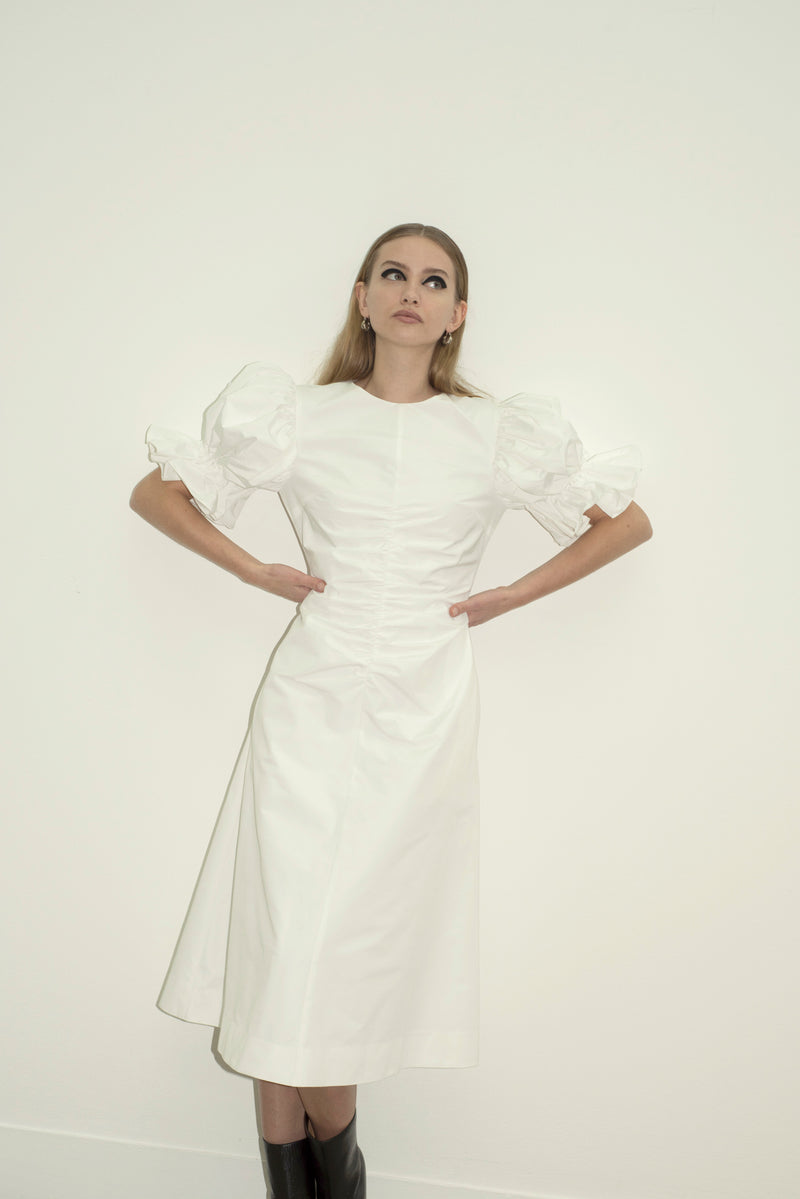 Flare Sleeve Ruched A Line Dress (Ivory)