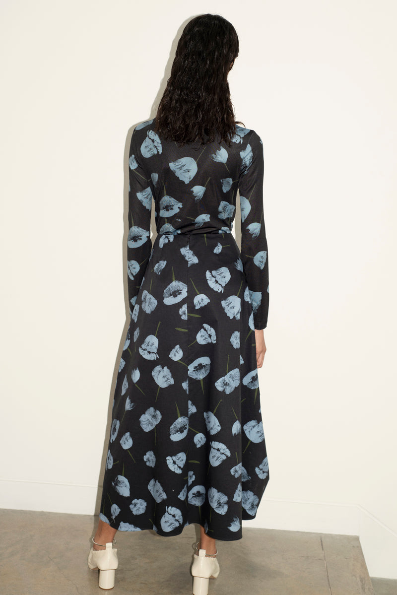 Drawcord Puff Skirt (Black/Blue Print)