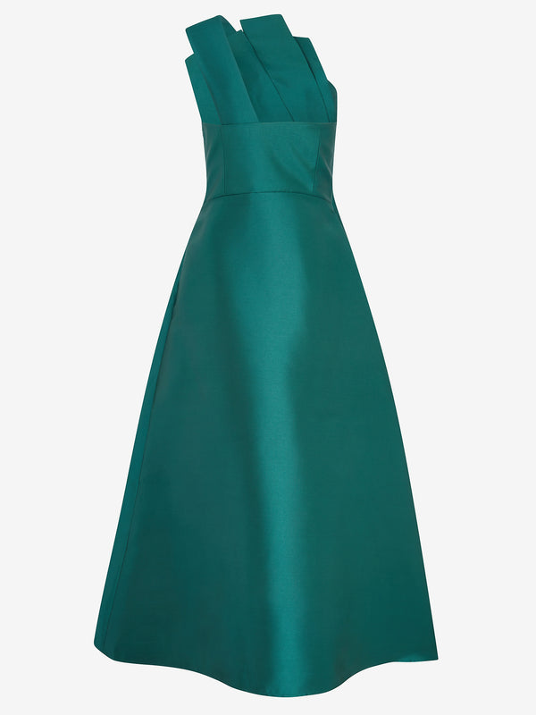 Architectural Pleated Dress (green satin)