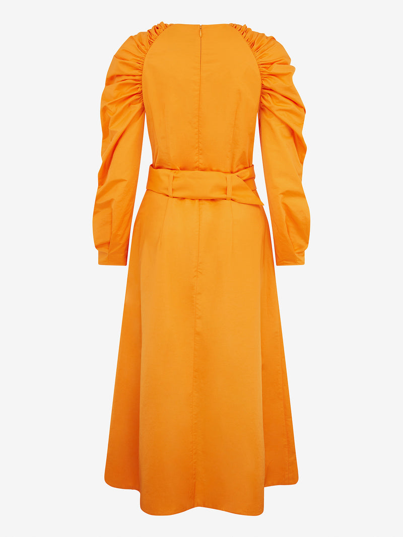 BELTED RUCHED SHOULDER DRESS (Flame orange)