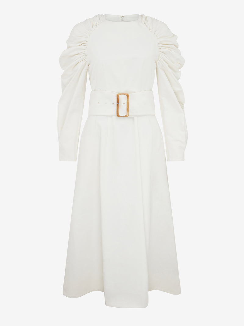 BELTED RUCHED SHOULDER DRESS (Ivory)