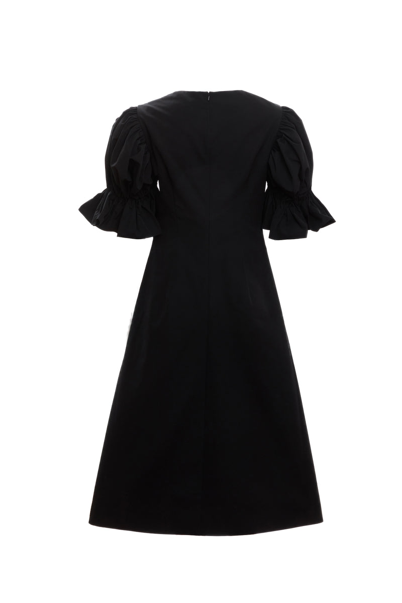 Flare Sleeve Ruched A Line Dress (Black)
