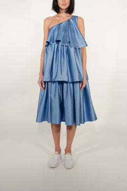 Peplum Triple Tiered One Shoulder Dress (Ice Blue)