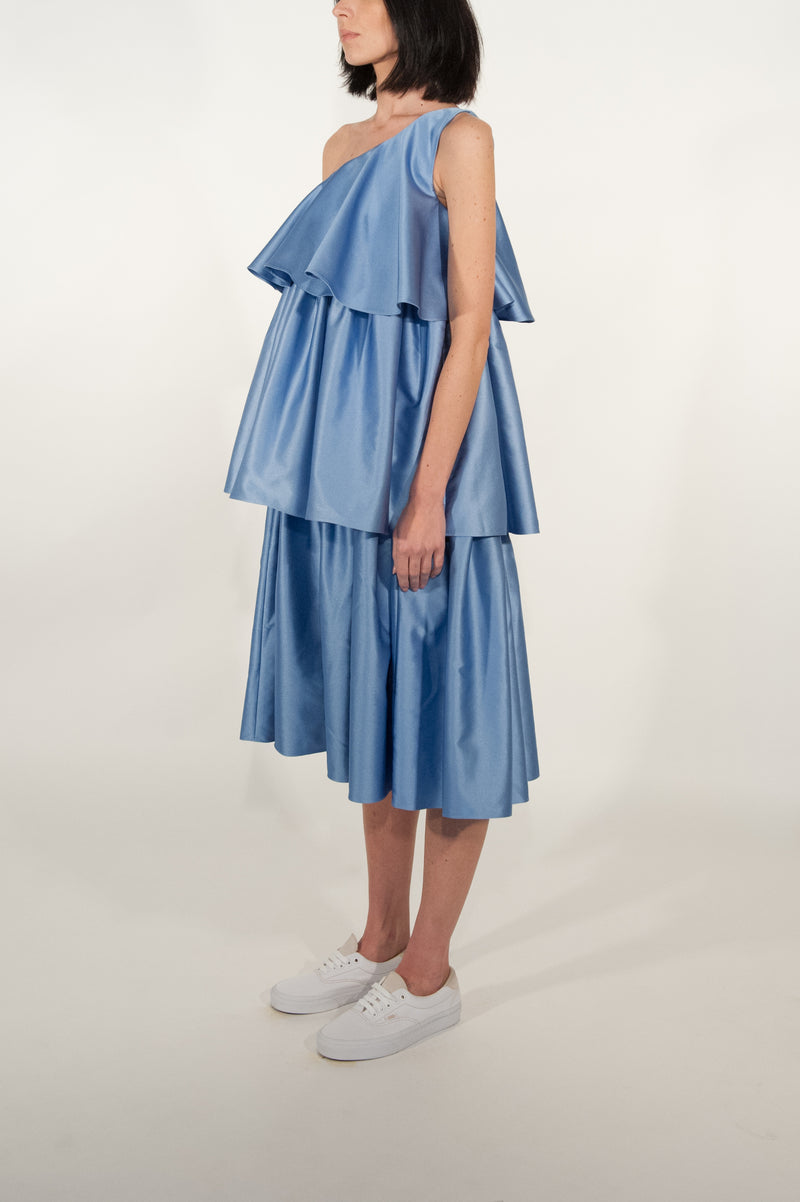 Peplum Triple Tiered One Shoulder Dress (Ice Blue)