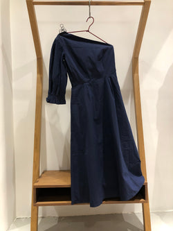Origami Lantern One Sleeve Midi Dress (navy cotton)