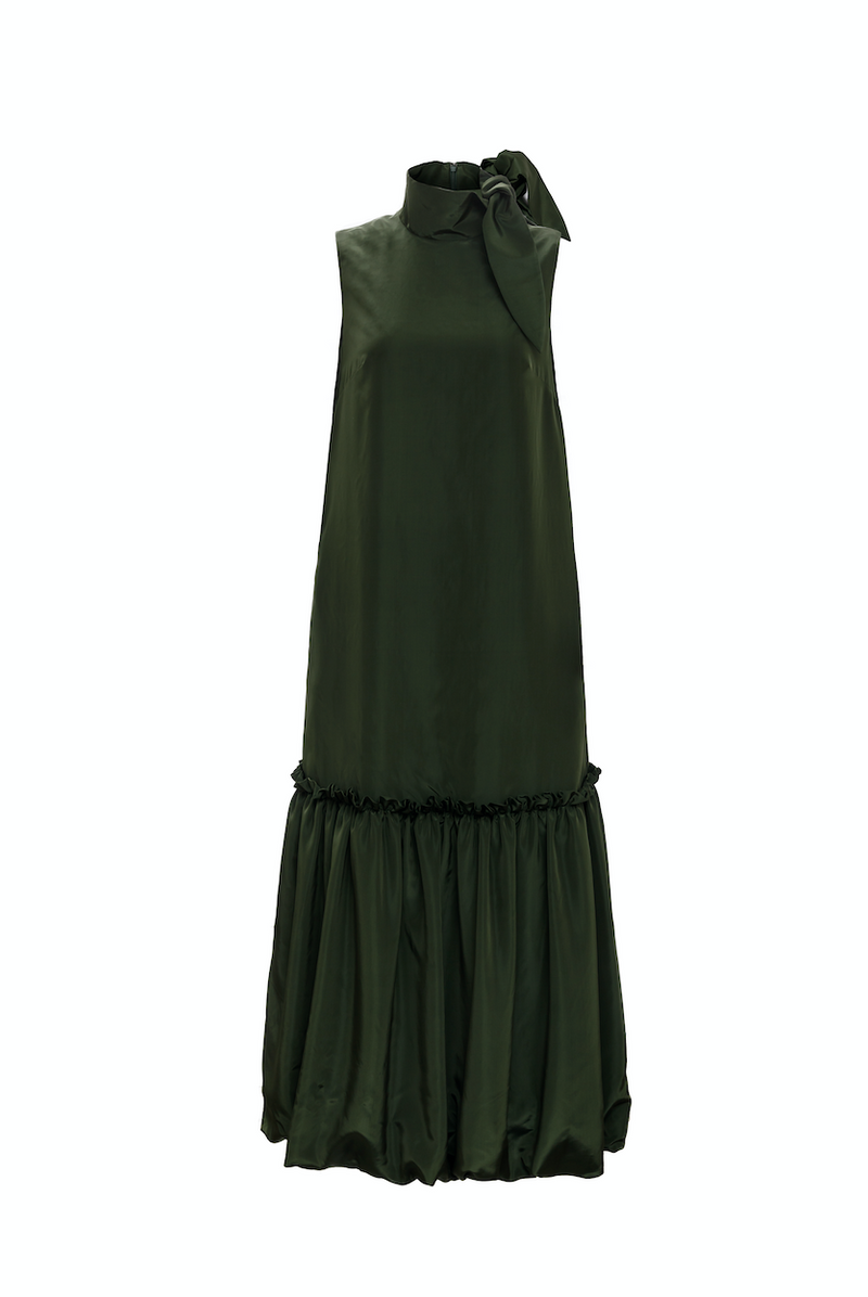 Scarf Neck Puff Peplum Dress (Forest Green)