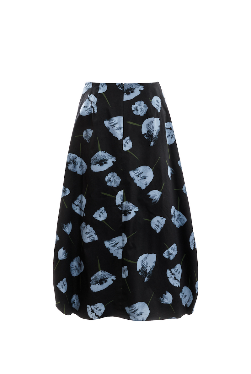 Drawcord Puff Skirt (Black/Blue Print)