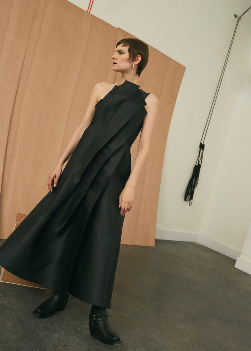 Architectural Pleated Dress (black satin)